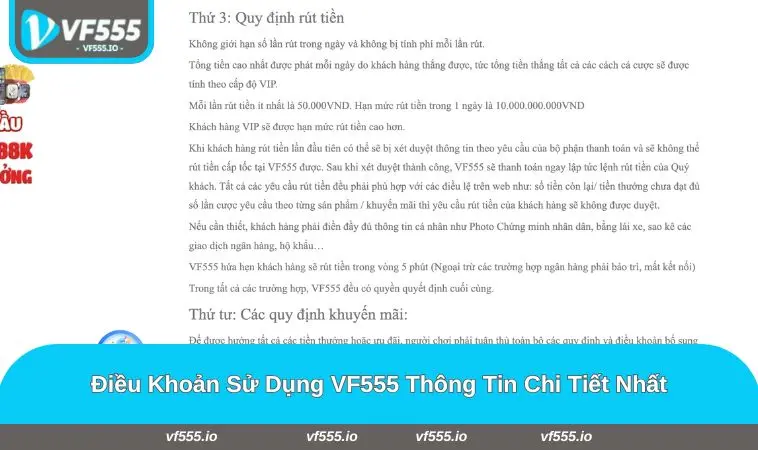 Nội dung chi tiết trong điều khoản sử dụng nhà cái VF555