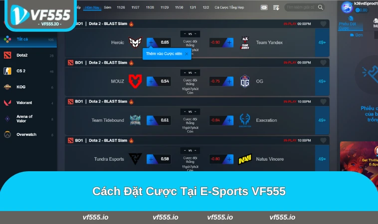 Các bước chọn trận, đặt kèo và theo dõi kết quả trên E-Sports