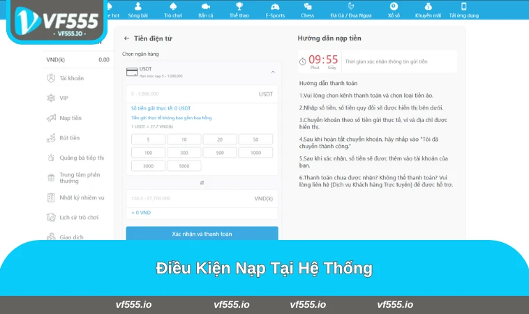 Điều kiện nạp tiền cơ bản tại VF555