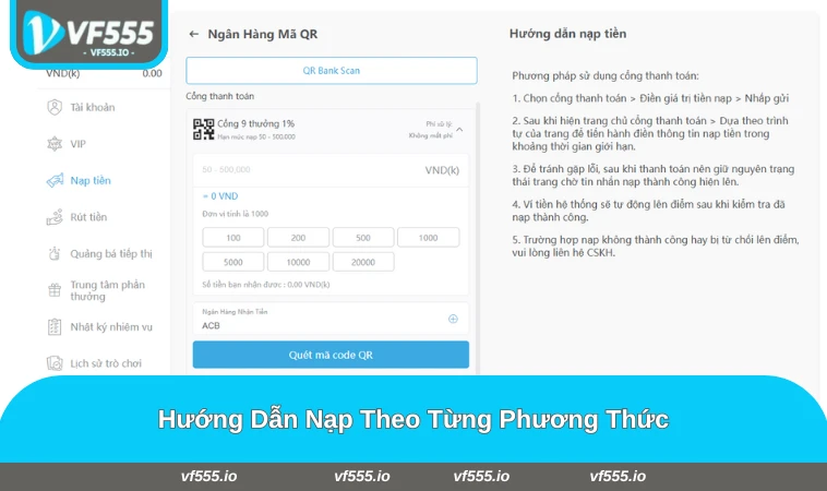Các phương thức nạp tiền phổ biến có tại VF555